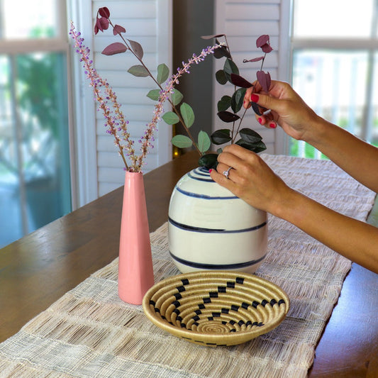 Black and White Bud Vase | Striped Ceramic Flower Vases | Unique Oval Pottery | Handmade Decorative Accents | Housewarming Gift Ideas | Aaron Swank