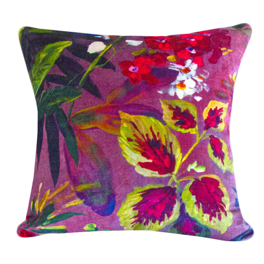 Purple Velvet Throw Pillow | Violet Floral Print Decorative Pillow | 20x20" Unique Pillow Covers | Green and Pink Tropical Flowers