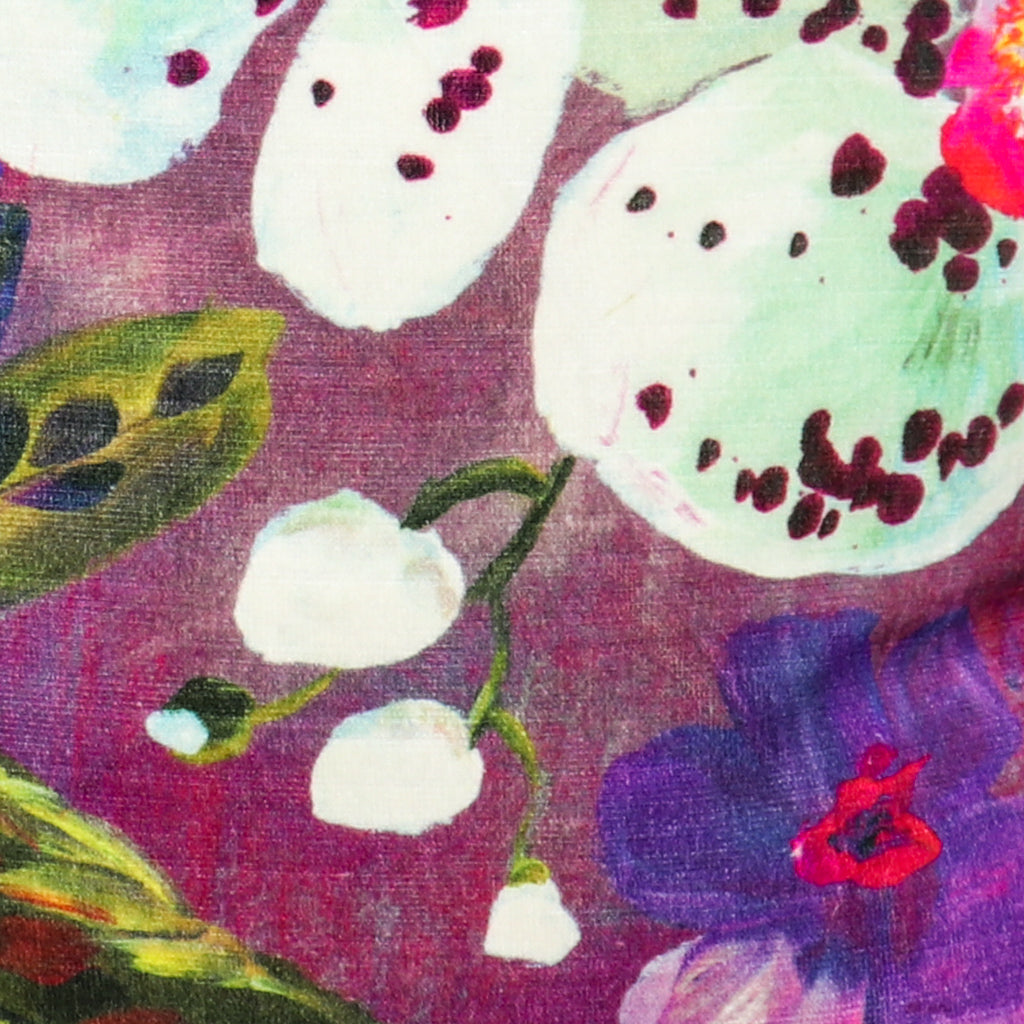 Purple Velvet Throw Pillow | Violet Floral Print Decorative Pillow | 20x20" Unique Pillow Covers | Green and Pink Tropical Flowers