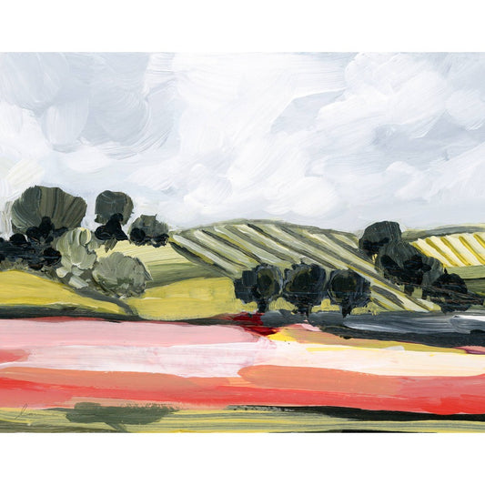 Red Fields Abstract Landscape Art Print- 11x14" or 8x10" Art Prints on Canvas-Framed Wall Art-Unique Wall Decor-Hills and Trees-Laurie Anne
