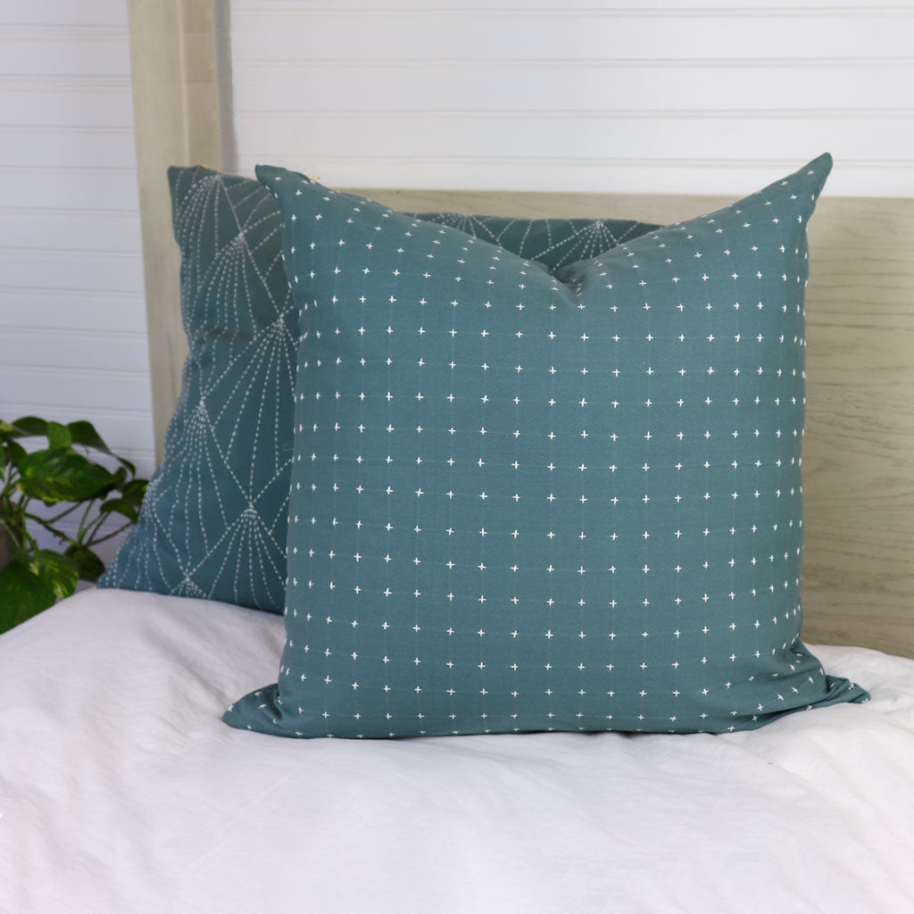 Teal Blue Decorative Throw Pillow Cover | Large Blue Green Grey Pillow for Bed or Sofa | Organic Cotton | White Dot Pattern | Anchal | 22x22"