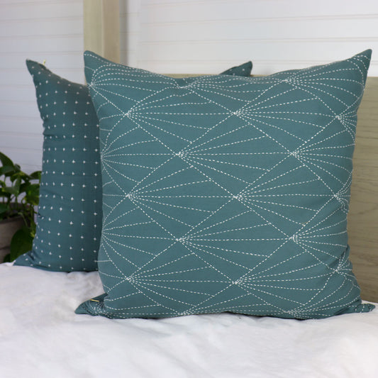 Teal Blue and White Geometric Quilted Throw Pillow Cover | Large | Organic Cotton | Bed or Sofa Decorative Throw Pillow | Anchal | 22x22"