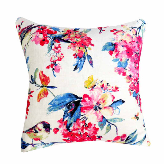 Throw Pillow Cover with Birds | White, Pink and Blue Bird Decorative Pillow Covers | 20" Linen | Shabby Chic Floral Decor | Sofa or Bed Accent Pillows
