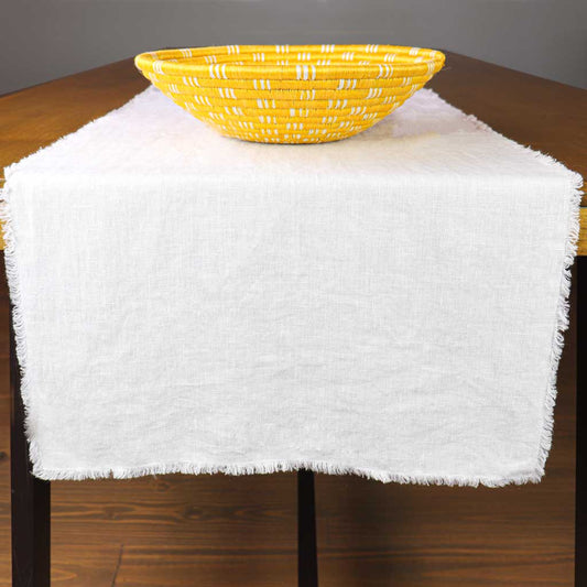 White Linen Table Runner with Fringe | Sustainable Home Decor | 16x79" | White Kitchen and Dining Room Table Textiles | Linen Tales