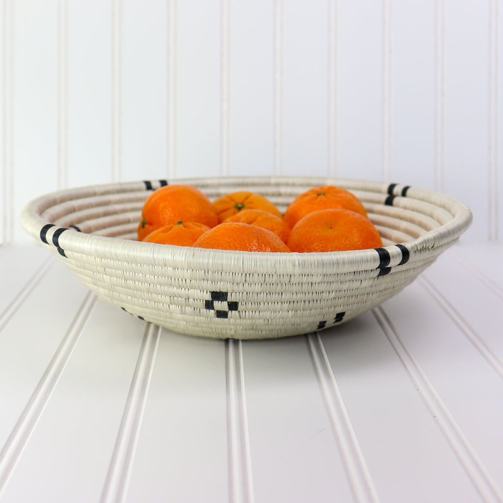 White and Black Woven Bowl | Decorative Baskets for Wall | Flat Back for Hanging | Decorative Fruit Bowl or Dish | 12 in