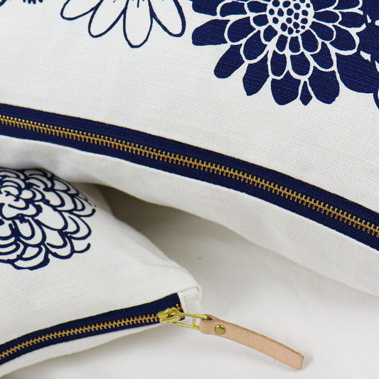 White and Navy Blue Floral Throw Pillow | Linen Decorative Pillow | Dark Blue with Flowers |Abstract Garden| Unique Accents | 20x20"