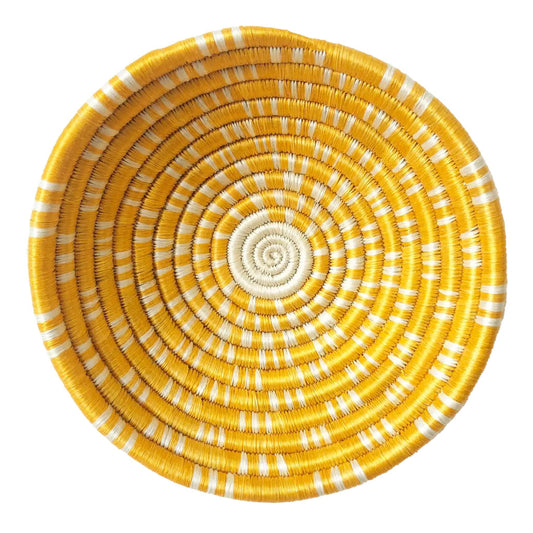 Yellow and White Spotted Round Woven Basket | Decorative Bowl for Wall Art or Table Decor or Storage | Decorative Fruit Bowl with Flat Back