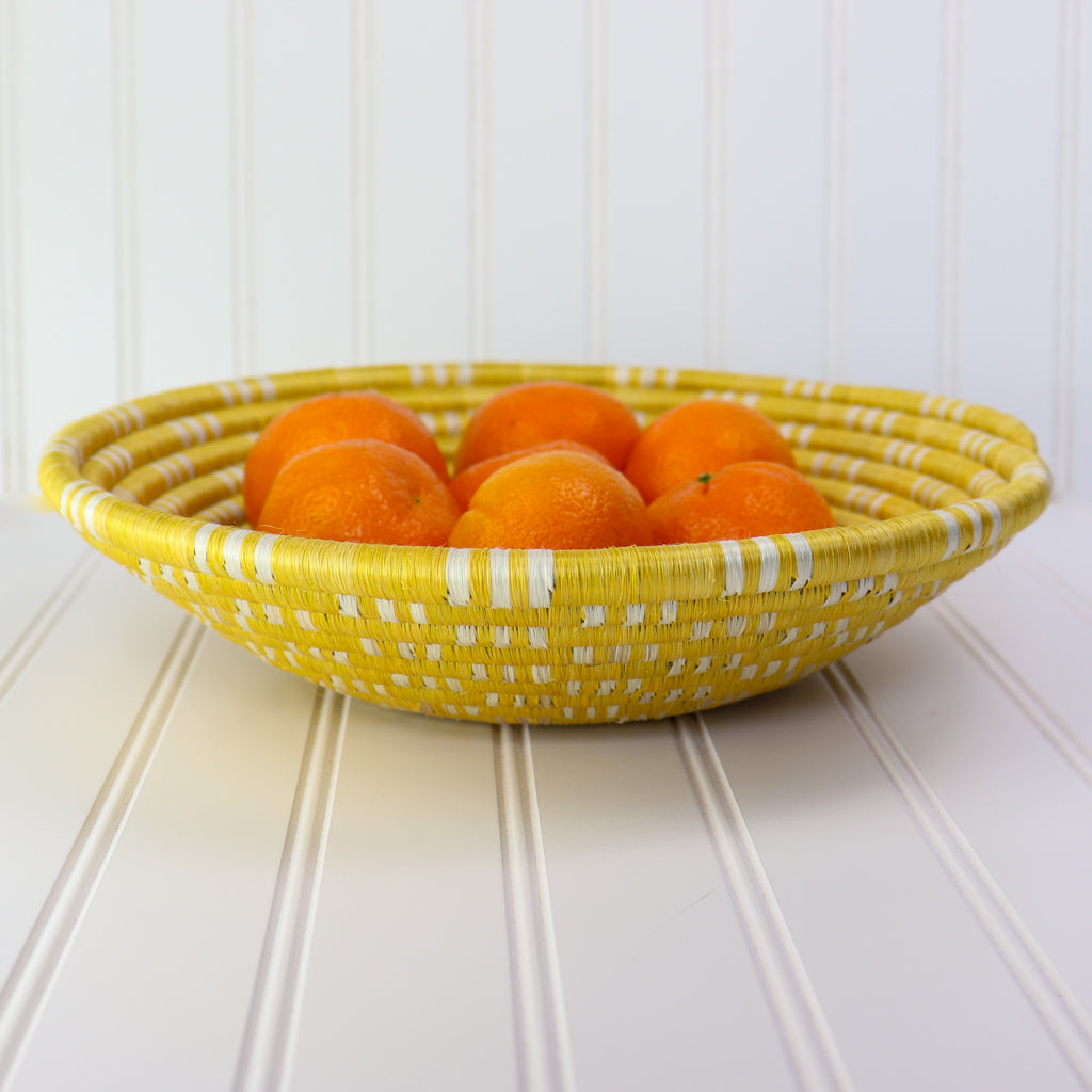 Yellow and White Spotted Round Woven Basket | Decorative Bowl for Wall Art or Table Decor or Storage | Decorative Fruit Bowl with Flat Back