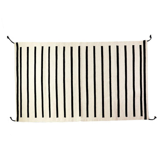 Small Black and White Striped Accent Rug | Archive NY 3x5' Wool Rug | Black and Ivory Stripes with Tassels Zapotec | Handwoven | Sustainable Decor | Archive NY