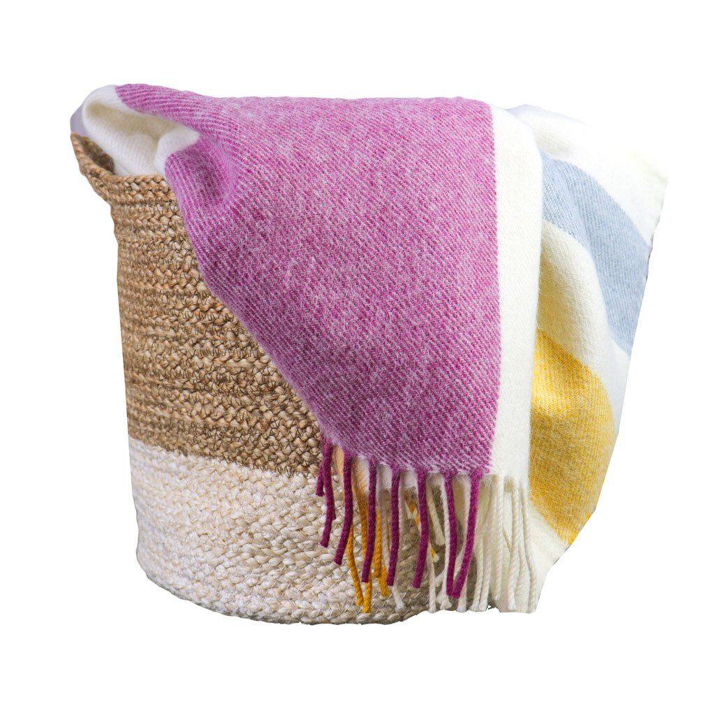 Colorful Alpaca Throw | White with Blue, Magenta, Yellow Stripes | Unique Throw Blankets | Woven Blanket with Fringe | Couch Decor | Harlow Henry