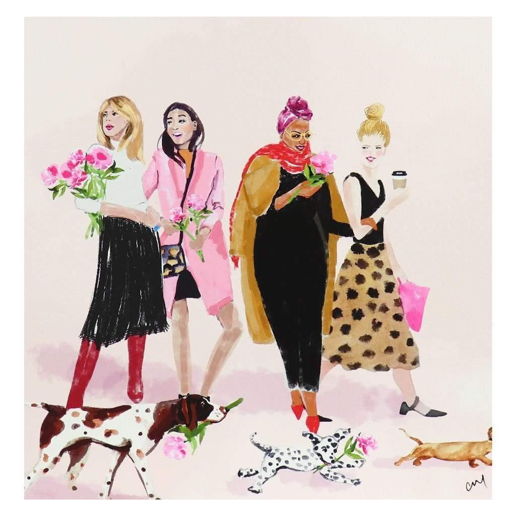 Galentines & Palentines | Best Friend Painting Unframed | Women and Dogs Art Print | Unique Decorative Wall Art | Desk or Shelf Decor | 8x8"