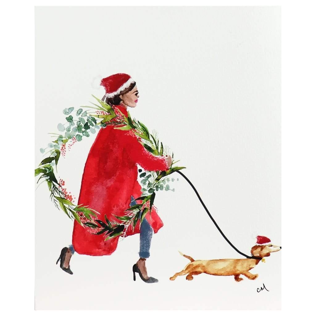 Holiday Hustle | Christmas Art Prints | Woman with Dog Watercolor Painting | Holiday Decor and Unique Gifts | Clementine Studio