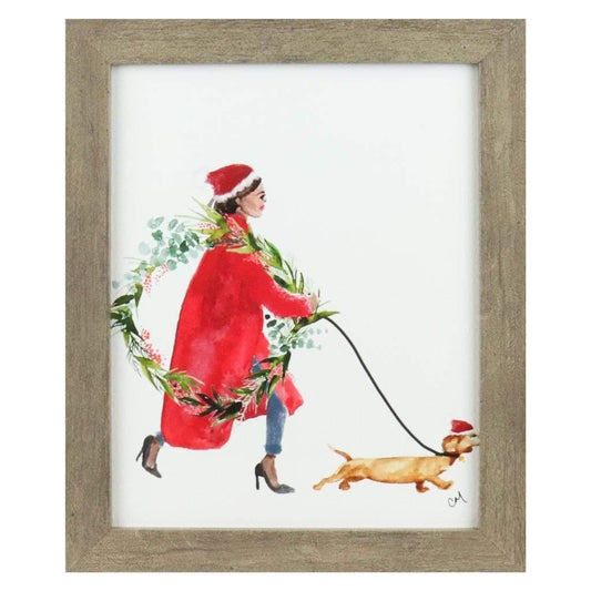 Holiday Hustle | Christmas Art Prints | Woman with Dog Watercolor Painting | Holiday Decor and Unique Gifts | Clementine Studio