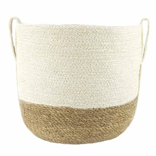 White and Natural Colorblock Planter | Handwoven Decorative Plant Basket| Storage Basket | Seagrass & Jute | 10x10" 11x12" Small