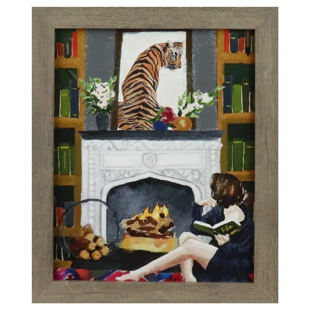 Library | Unique Art Prints | Woman at Fireplace with Tiger Painting | Decorative Wall Art | Clementine Studio | 8x10" 