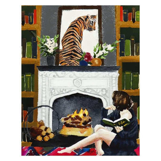 Library | Unique Art Prints | Woman at Fireplace with Tiger Painting | Decorative Wall Art | Clementine Studio | 8x10"