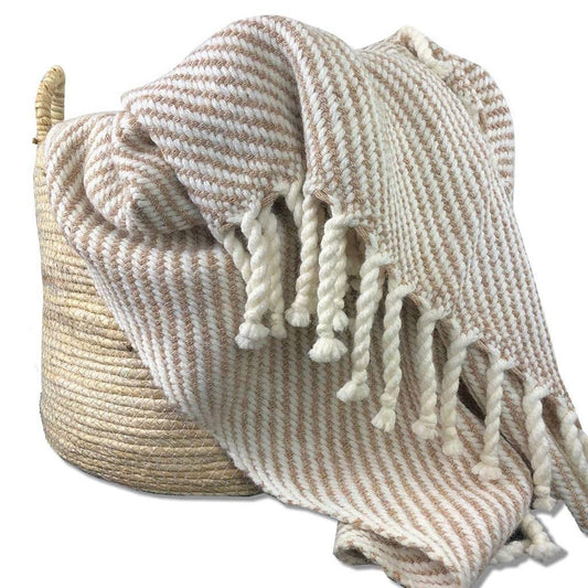 Light Brown and White Alpaca Throw Blanket with Tassels | Unique, Eco Friendly Throws | Striped Handmade Alpaca Wool Blankets