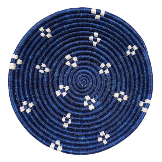 Navy Blue and White Spots Woven Basket | Round Bowl for Wall Decor | Decorative Fruit Bowl or Storage Dish | Dark Blue African Baskets | 8 or 12 in