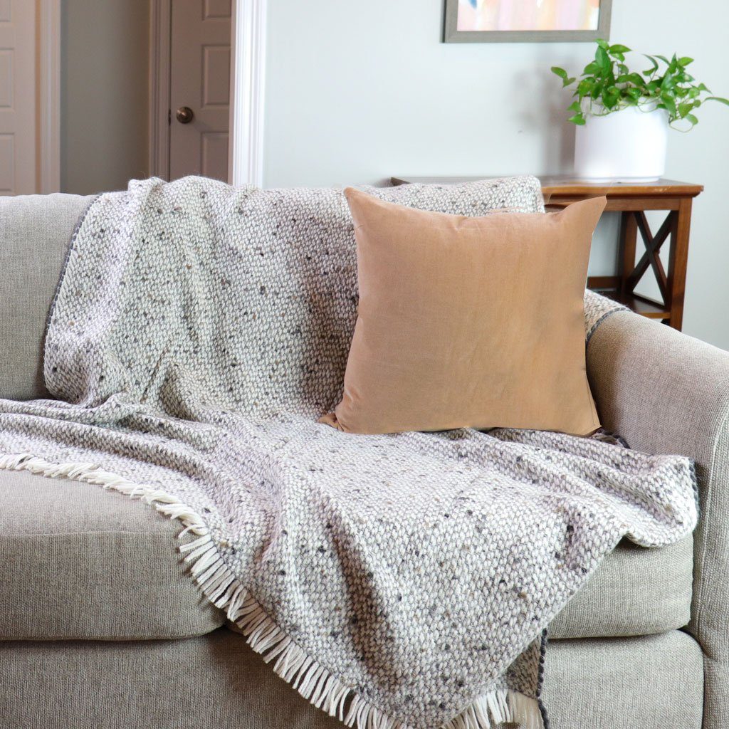 Grey Woven Alpaca Throw Blanket with White Fringe | Gray Unique Alpaca Wool Throws | Soft Handmade Sustainable Decor | Bed or Couch