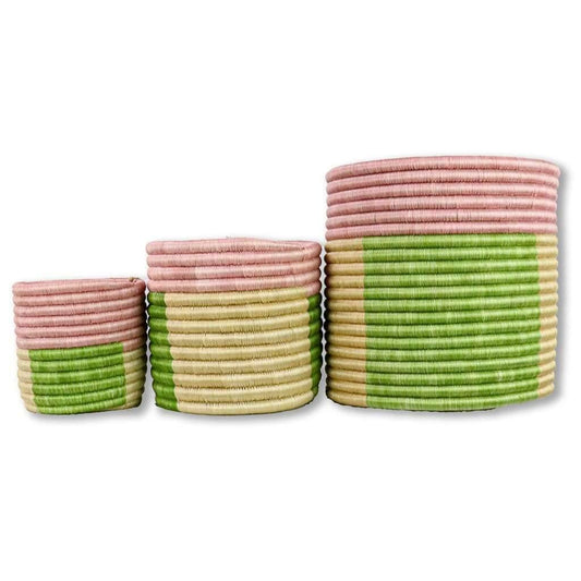 Pink and Green Baskets Handwoven Planter Baskets | Set of three decorative woven baskets | Succulent Planters
