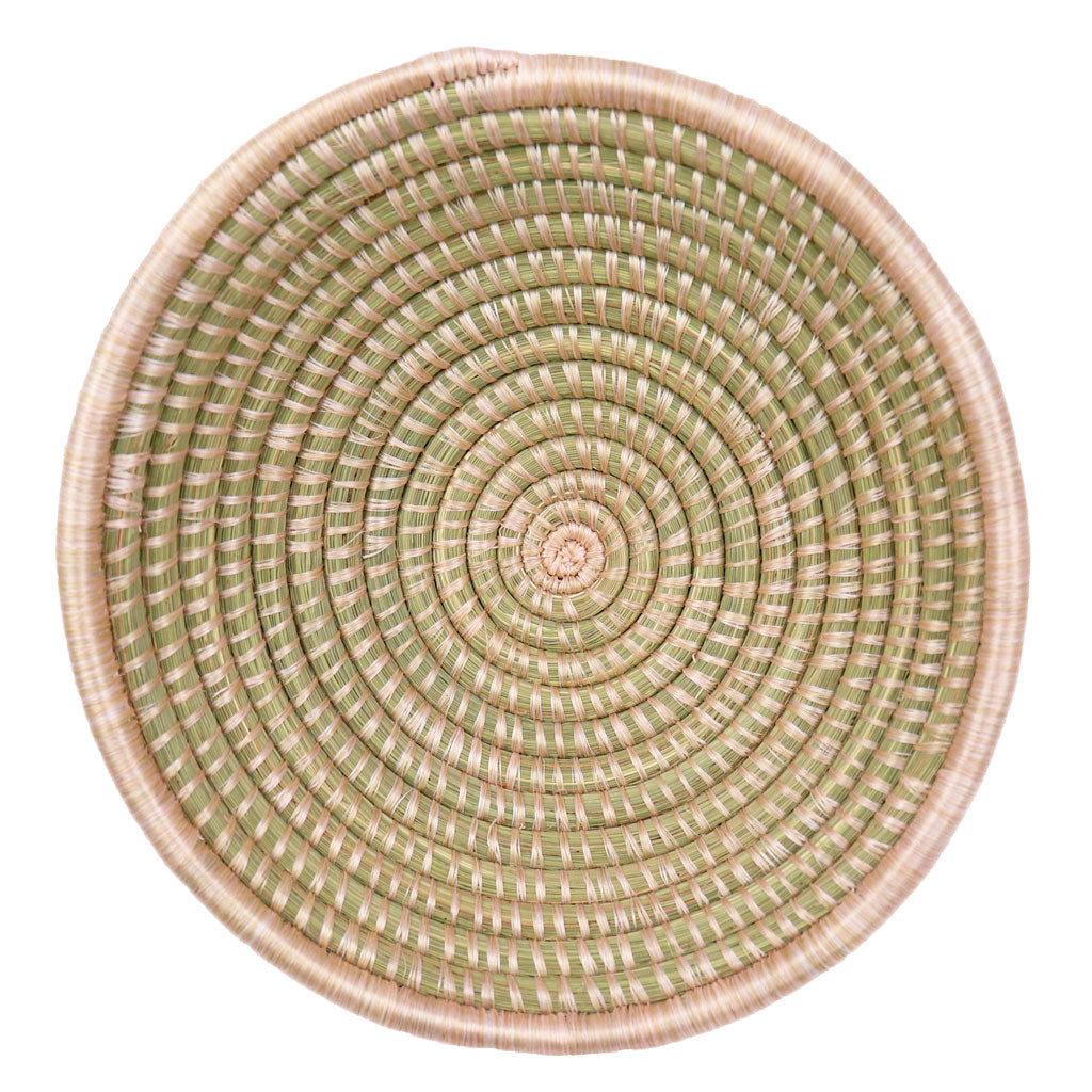Olive Green and Blush Pink Wall Basket | Round Sweetgrass Basket with Flat Back for Hanging | Unique Decorative Wall Art | African Woven Bowl | Amsha