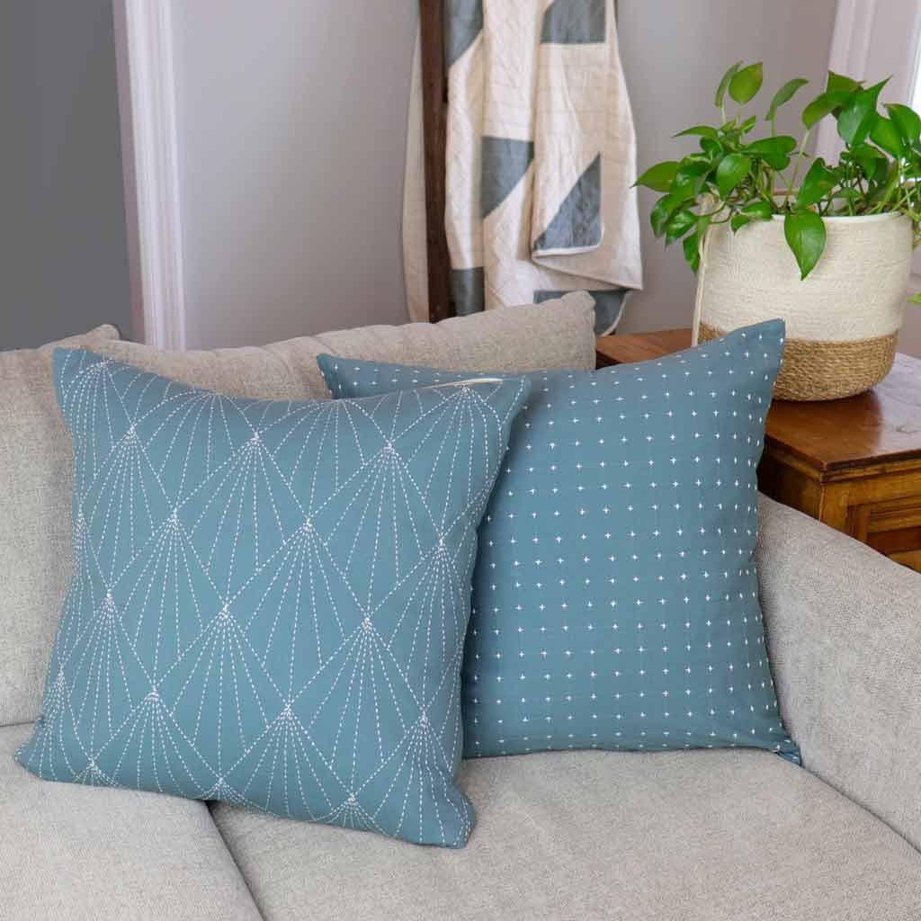 Teal Blue and White Geometric Quilted Throw Pillow Cover | Large | Organic Cotton | Bed or Sofa Decorative Throw Pillow | Anchal | 22x22"