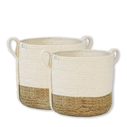 White and Natural Colorblock Planter | Handwoven Decorative Plant Basket| Storage Basket | Seagrass & Jute | 10x10" 11x12"