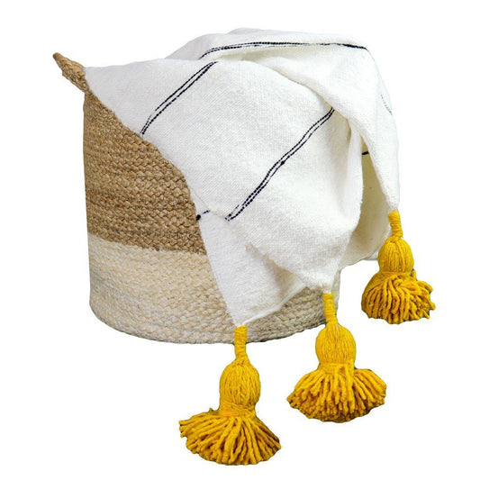 White & Yellow Pom Pom Throw Blanket Throws & Blankets Heddle & Lamm
