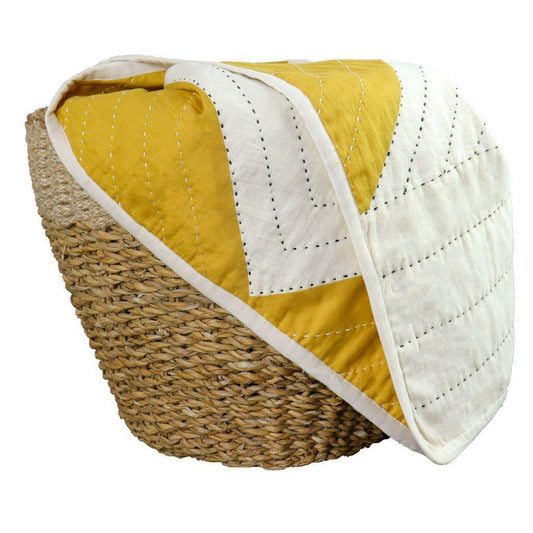 Yellow and White Quilted Throw Blanket | Geometric Print | Hand Stitched Organic Cotton Throws for Bed or Sofa | Anchal